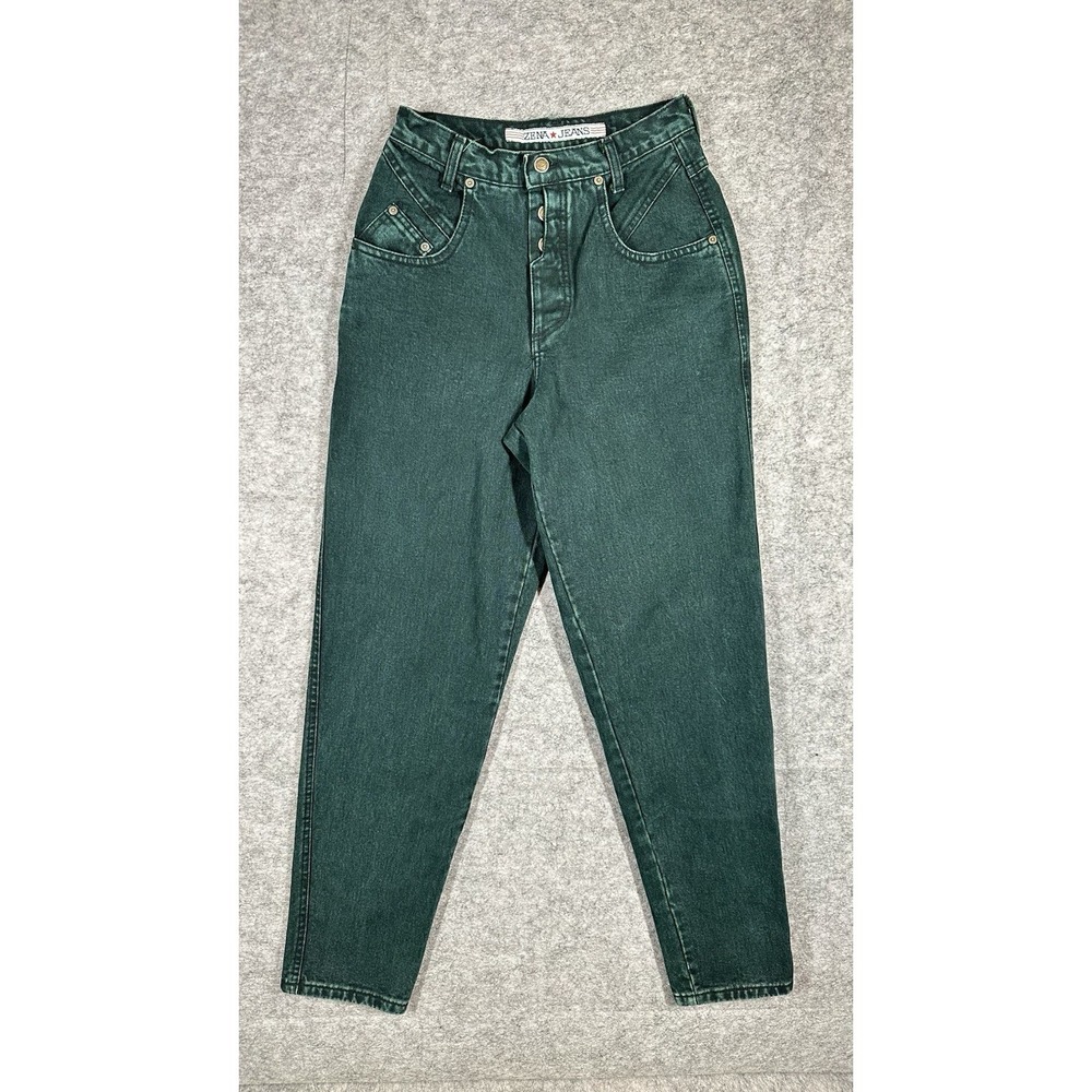 90s Vintage Zena Jeans Womens sz 9 Green Barrel High Rise Button Fly Tapered Mom